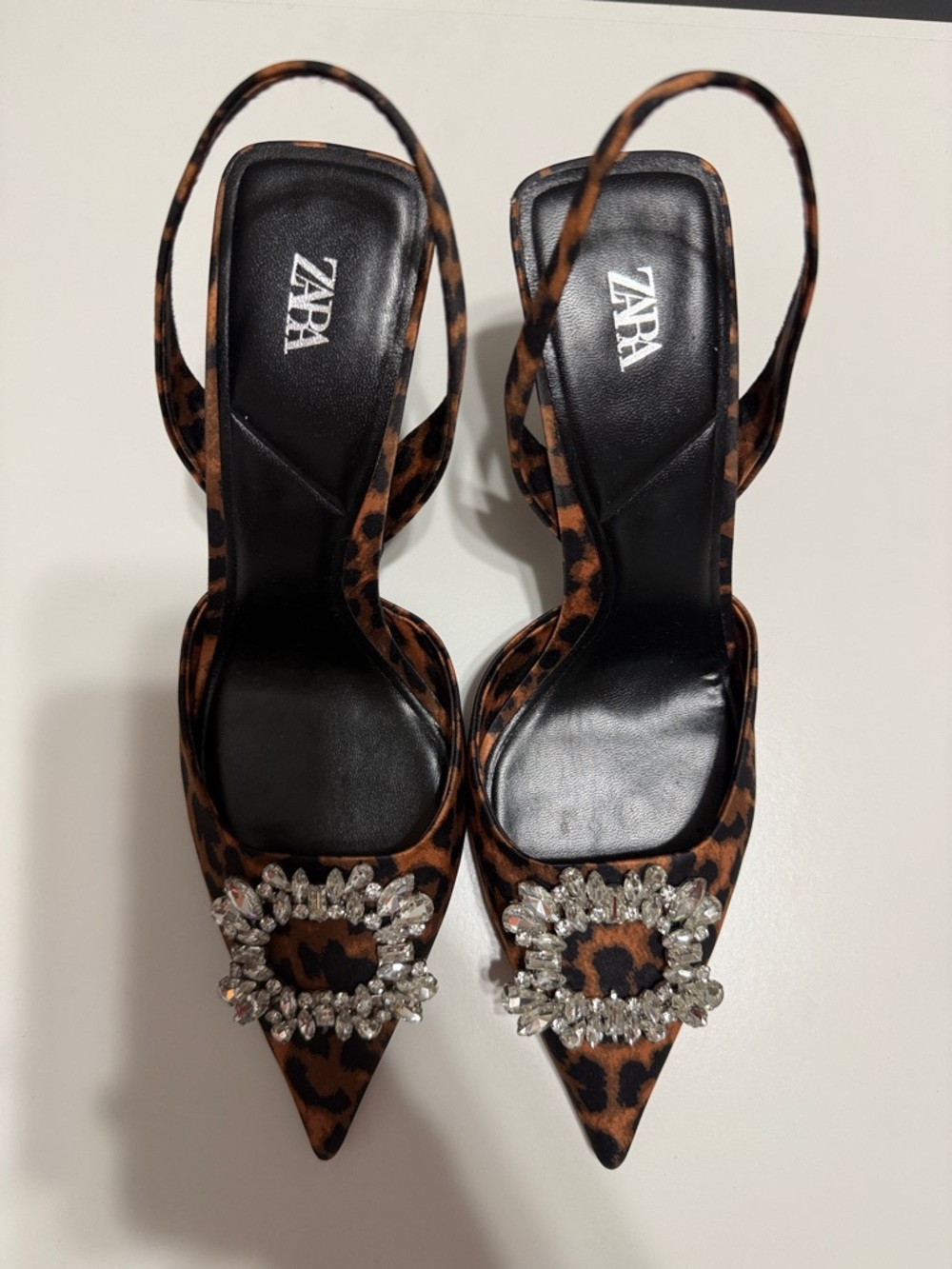 ZARA Leopard Print Slingback Heels with Crystal Buckle - Black & Brown